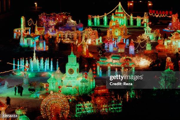 Illuminated ice sculptures in Sun Island Park during the Harbin Ice and Snow Festival celebrating Chinese New Year on February, 1999 in Harbin, China.