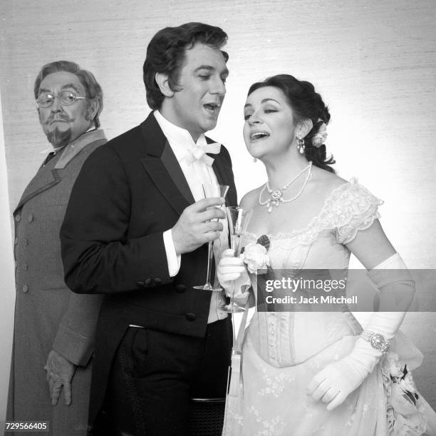 Metropolitan Opera's "La Traviata" starring Ileana Cotrubas as Violetta, Plácido Domingo as Alfredo, and Cornell MacNeil as Germont, March 1981....