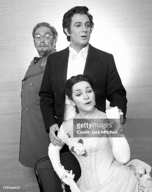Metropolitan Opera's "La Traviata" starring Ileana Cotrubas as Violetta, Plácido Domingo as Alfredo, and Cornell MacNeil as Germont, March 1981....