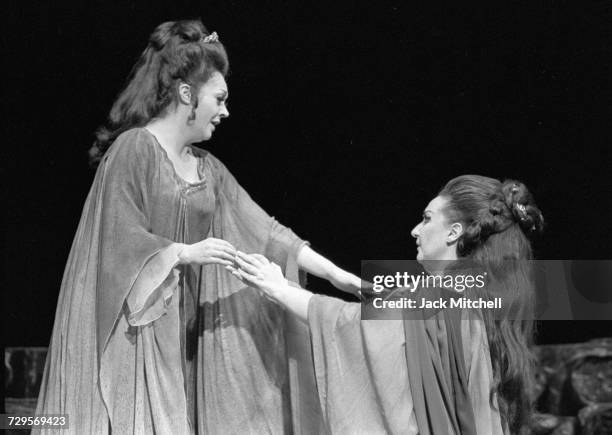 Metropolitan Opera's production of "Norma" starring Montserrat Caballé, John Alexander, Fiorenza Cossotto, and Giorgio Tozzi in February 1973. Photo...