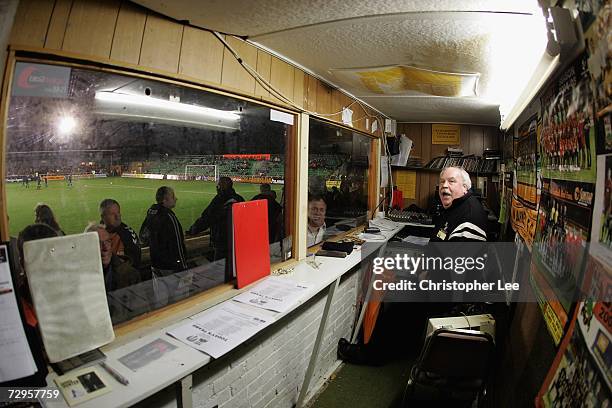 Barnet Football Club's commentator Dick Rolfe in his radio booth during the FA Cup sponsored by E.ON 3rd Round match between Barnet and Colchester...