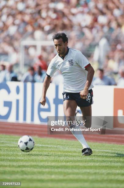 English footballer Mark Hateley makes a run with the ball in a group 2 match during the UEFA Euro 1988 European football championship tournament in...