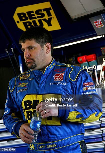 Jeff Green, driver of the Best Buy Chevrolet, in the garage during NASCAR testing at Daytona International Speedway on January 10, 2007 in Daytona...