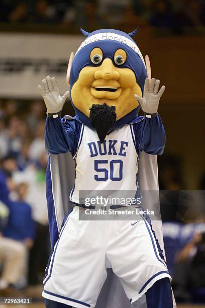 Duke's "Blue Devil, mascot of the Duke Blue Devils cheers during the game against the Temple Owls at Cameron Indoor Stadium on January 2, 2007 in...