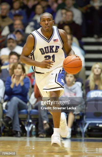 DeMarcus Nelson of the Duke Blue Devils dribbles the ball during the game against the Temple Owls at Cameron Indoor Stadium on January 2, 2007 in...