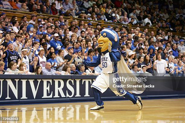 Duke's "Blue Devil, mascot of the Duke Blue Devils cheers during the game against the Temple Owls at Cameron Indoor Stadium on January 2, 2007 in...