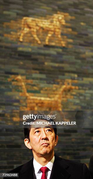 Japanese Prime Minister Shinzo Abe stands next to the Ishtar Gate during his visit to Berlin's Pergamon Museum 10 January 2007. Abe is on a two-day...