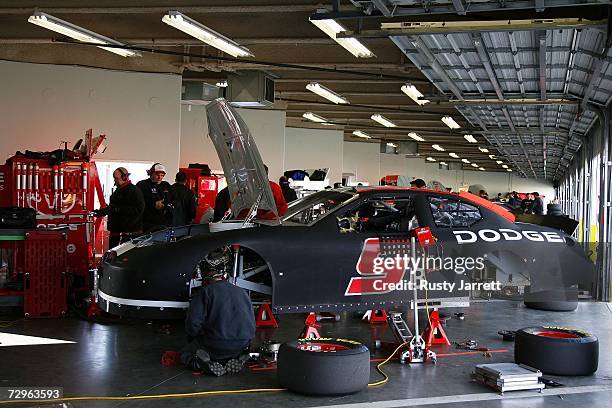 The Dodge Dealers/UAW Dodge in the garage during NASCAR testing at Daytona International Speedway on January 10, 2007 in Daytona Beach, Florida.