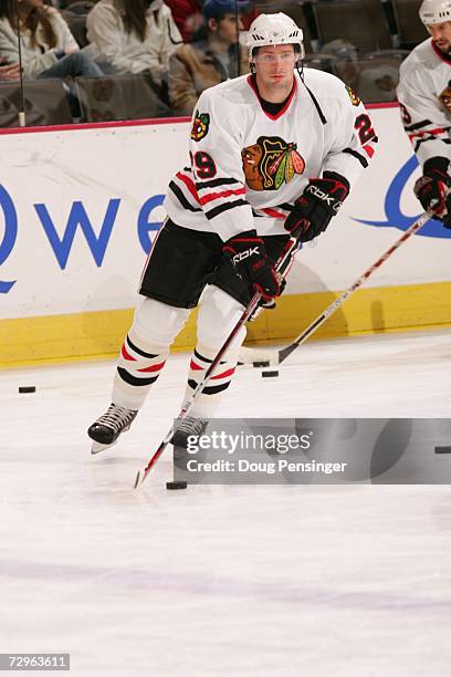 Troy Brouwer of the Chicago Blackhawks skates during warmups against the Colorado Avalanche at Pepsi Center on December 23, 2006 in Denver, Colorado....