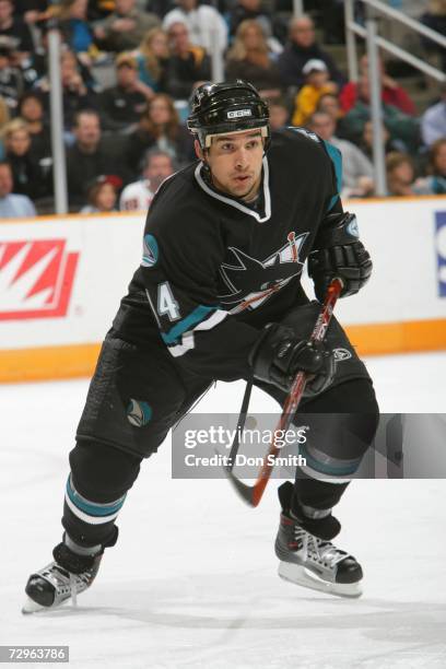 Jonathan Cheechoo of the San Jose Sharks skates during a game against the Phoenix Coyotes on December 28, 2006 at the HP Pavilion in San Jose,...