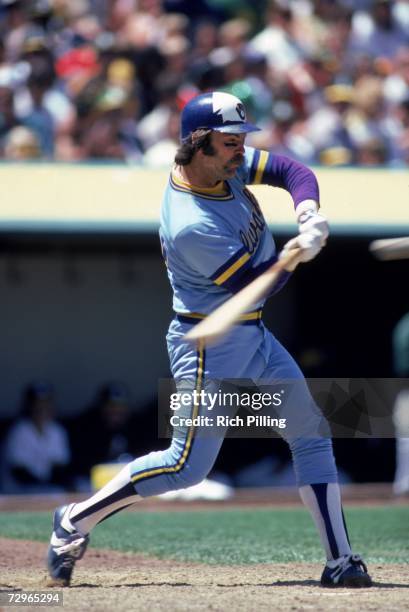 Gorman Thomas of the Milwaukee Brewers swings the ball during a game in 1982 against the Oakland Athletics at the Oakland-Alameda County Coliseum in...