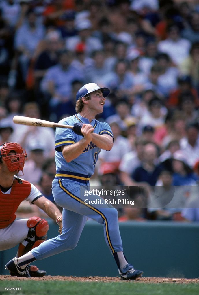 Jim Gantner of the Milwaukee Brewers follows through on his swing