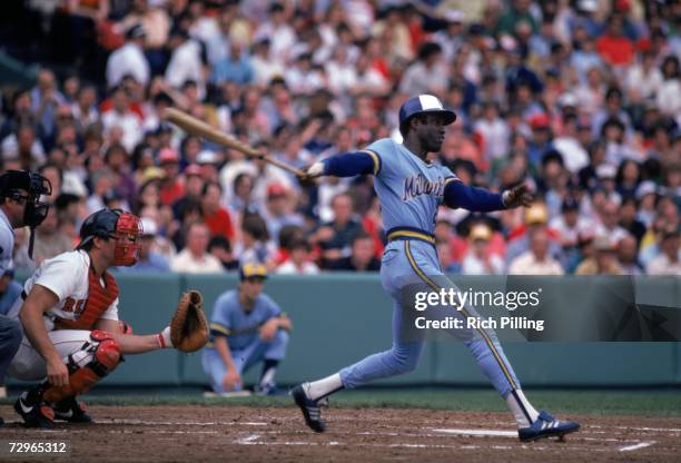 Ben Oglivie of the Milwaukee Brewers swings the bat during a game against the Boston Red Sox in 1982 at Fenway Park in Boston, Massachusetts. Oglivie...