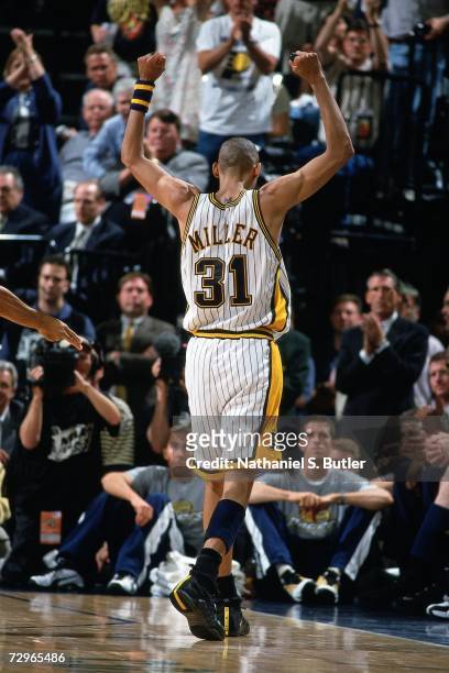 Reggie Miller of the Indiana Pacers displays emotion against the Los Angeles Lakers during Game Five of the 2000 NBA Finals on June 16, 2000 at...