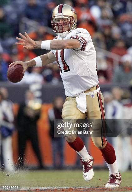 Alex Smith of the San Francisco 49ers passes the ball during the game against the Denver Broncos at Invesco Field at Mile High on December 31, 2006...