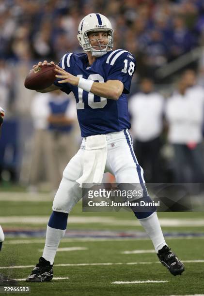 Quarterback Peyton Manning of the Indianapolis Colts throws a pass against the Kansas City Chiefs during their AFC Wild Card Playoff Game January 6,...