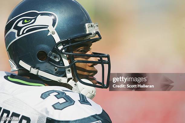 Running back Shaun Alexander of the Seattle Seahawks looks on against the Tampa Bay Buccaneers at Raymond James Stadium on December 31, 2006 in...