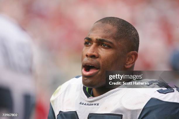 Running back Shaun Alexander of the Seattle Seahawks looks on against the Tampa Bay Buccaneers at Raymond James Stadium on December 31, 2006 in...