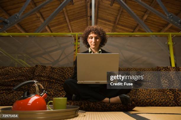 woman working on laptop - leopard print stock pictures, royalty-free photos & images