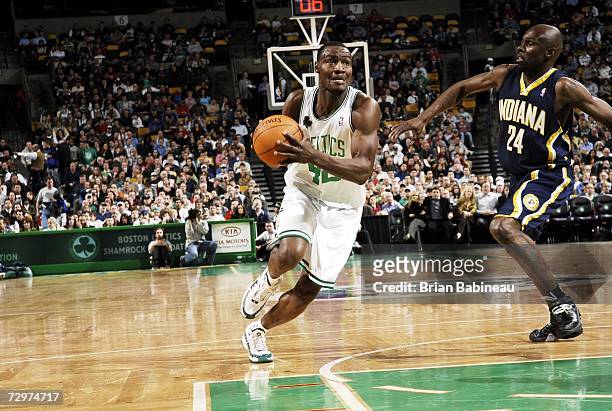 Tony Allen of the Boston Celtics drives to the hoop against Darrell Armstrong of the Indiana Pacers on January 10, 2007 at the TD Banknorth Garden in...