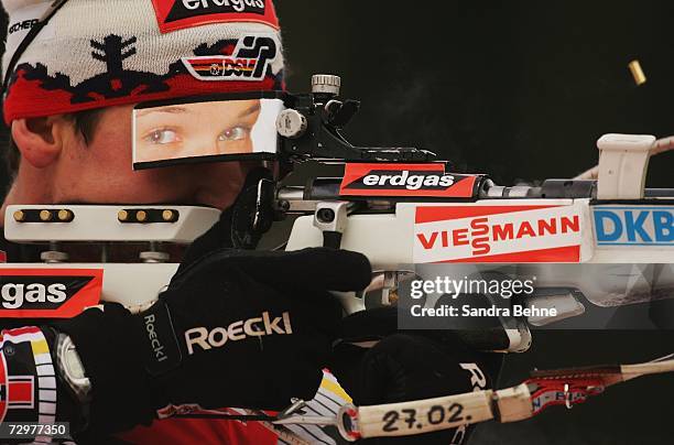 Michael Roesch of Germany shoots during the men's 4x7.5 km relay in the Biathlon World Cup on January 11, 2007 in Ruhpolding, Germany.