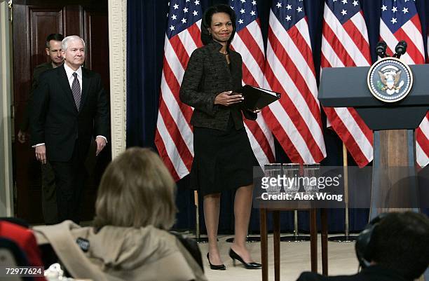Secretary of State Condoleezza Rice , Secretary of Defense Robert Gates and Chairman of Joint Chiefs of Staff Gen. Peter Pace arrive for a news...