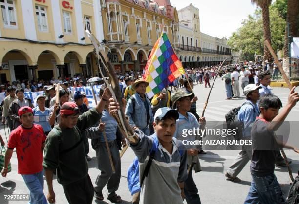 Quechuas natives, supporters of Bolivian President Evo Morales, take part in a rally in Cochabamba 11 January 2007. Peasant and coca-growers...