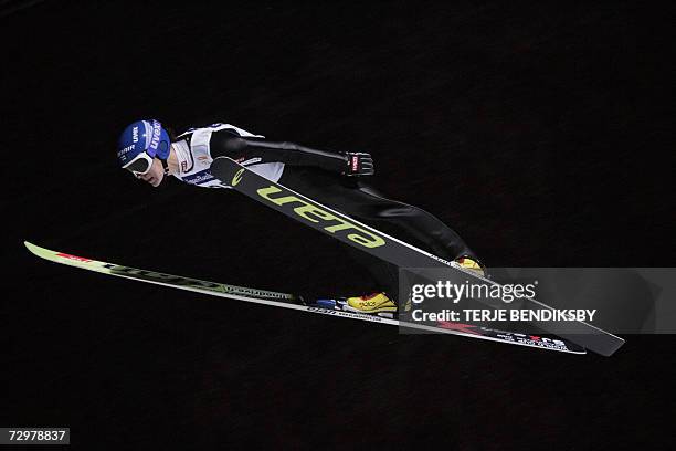 Finland's Arttu Lappi airbournes 11 January 2007 during her training in the Vikersund Ski Jumping Hill in Eastern Norway prior upcoming World Cup ski...