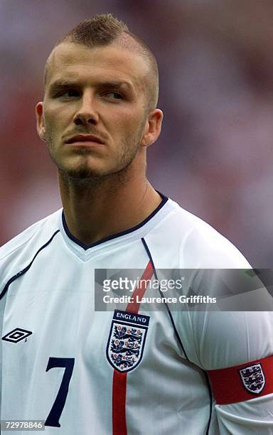 David Beckham of England lines up before the match between England and Mexico in an international Friendly in 2001 at Pride Park, Derby. Digital...