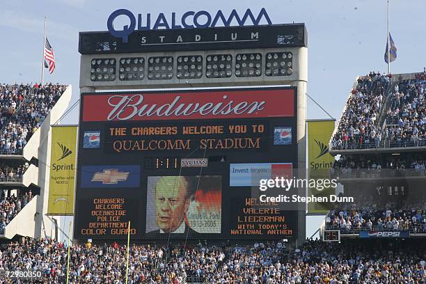 The message board at Qualcomm Stadium shows an image of former President Gerald Ford, who recently passed away, before the Arizona Cardinals game...