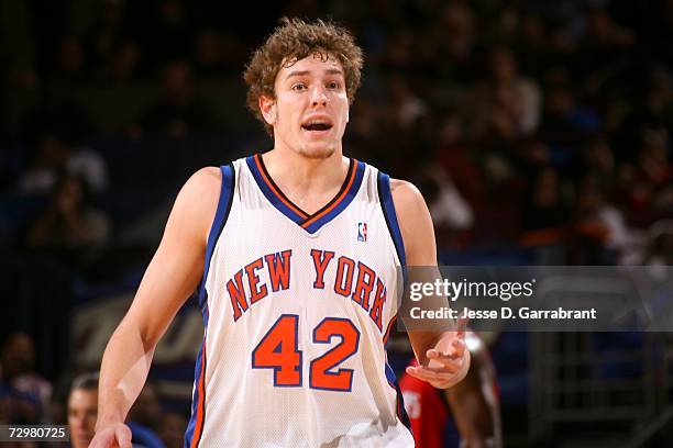 David Lee of the New York Knicks protests a call during the game against the Detroit Pistons on December 27, 2006 at Madison Square Garden in New...