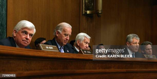 Washington, UNITED STATES: US Senator Joe Biden , D-DE, and members of the Senate Foreign Relations Committee listen to testimony by US Secretary of...