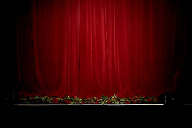 Red velvet theatre curtain, rose on stage