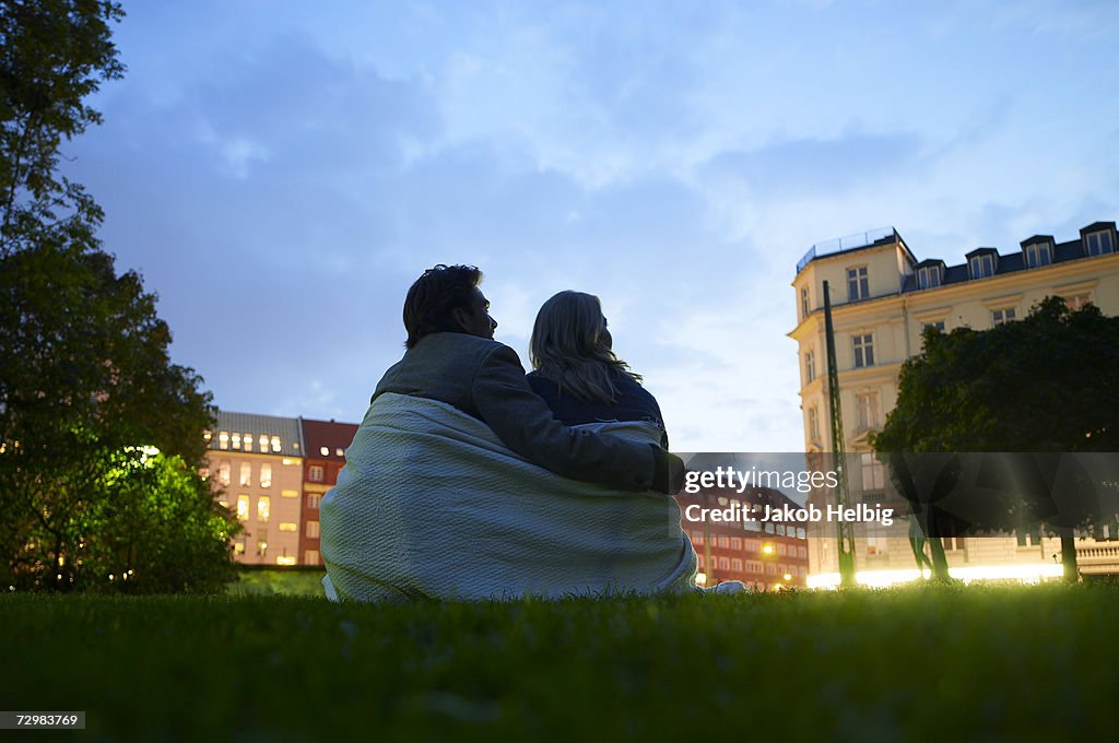 Young couple sitting on lawn in park at dusk, rear view