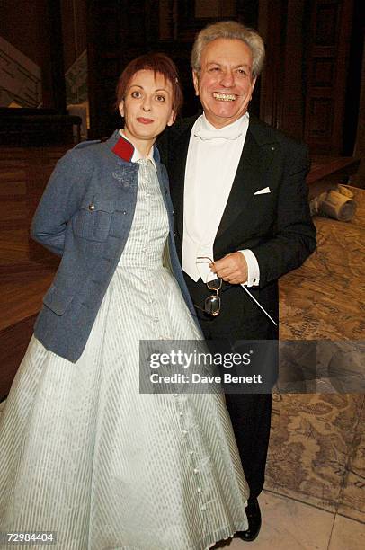 French soprano Natalie Dessay and conductor Bruno Campanella pose during "The Royal Opera: La Fille Du Regiment" press night at the Royal Opera House...