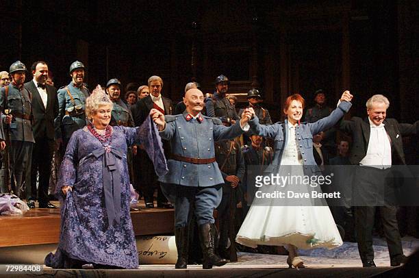 Actress Dawn French , Bryan Secombe, French soprano Natalie Dessay and conductor Bruno Campanella take the curtain call during "The Royal Opera: La...