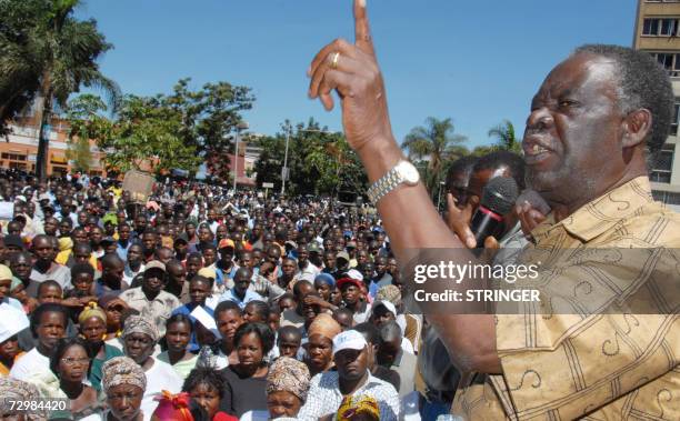 The leader of Zambia's largest oppposition Patriotic Fron, Michael Sata, speaks to some 3,000 demonstrators outside the finance ministry in Lusaka 12...