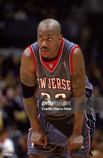 Stephon Marbury of the New Jersey Nets looks on during the game against the Los Angeles Lakers at the STAPLES Center in Los Angeles, California. The...