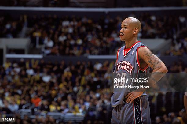 Stephon Marbury of the New Jersey Nets looks on during the game against the Los Angeles Lakers at the STAPLES Center in Los Angeles, California. The...
