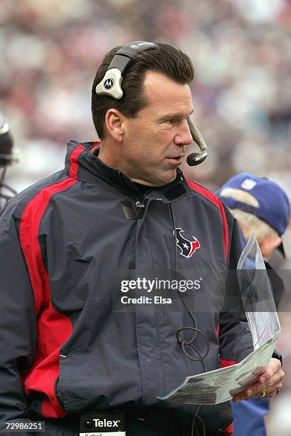 Head coach Gary Kubiak of the Houston Texans looks on the field during the game against the New England Patriots on December 17, 2006 at Gillette...