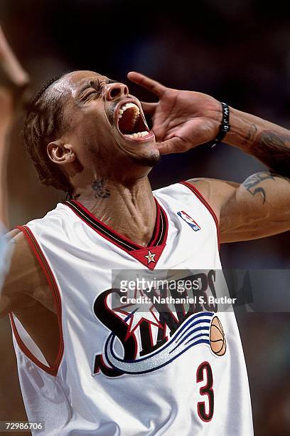 Allen Iverson of the Philadelphia 76ers displays emotion during a 2001 NBA game at the First Union Center in Philadelphia, Pennsylvania. NOTE TO...
