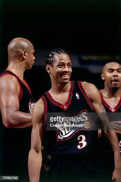 Allen Iverson of the Philadelphia 76ers cracks a smile during a 1998 NBA game. NOTE TO USER: User expressly acknowledges that, by downloading and or...