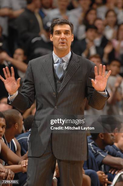 Head coach Jay Wright of the Villanova Wildcats looks on during a college basketball game against the Georgetown Hoyas at Verizon Center on January...