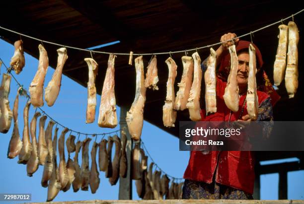 Woman puts some sturgeon meat to dry in the sun on Kizyl-Su Island in the Caspian Sea October 1997 in Turkmenistan.