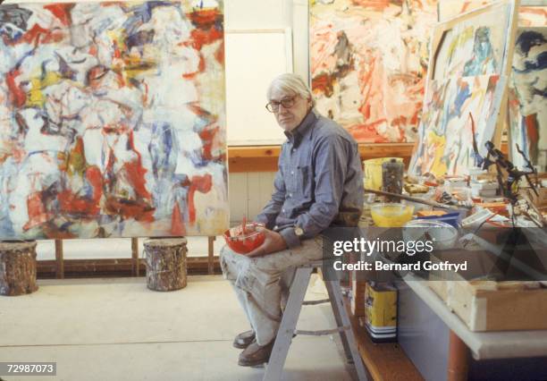 Portrait of Dutch-born American painter Willem de Kooning as he sits on a short stepladder in his studio, Springs, Long Island, New York February...