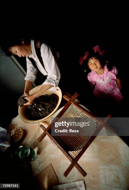 Joseph Popovitch's wife salts the caviar of a freshly killed sturgeon inside her house, whilst her granddaughter watches in Amur Delta's region, off...