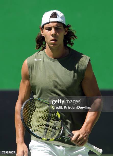 Rafael Nadal of Spain attends a training session at Rod Laver Arena ahead of the Australian Open 2007 on January 13, 2007 in Melbourne, Australia.