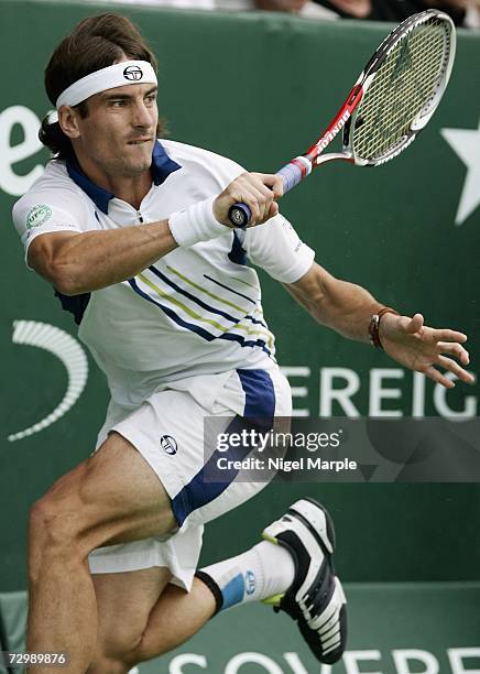 Tommy Robredo of Spain in action against David Ferrer of Spain during the final day of the Heineken Open at the ASB Tennis Center, January 13, 2007...