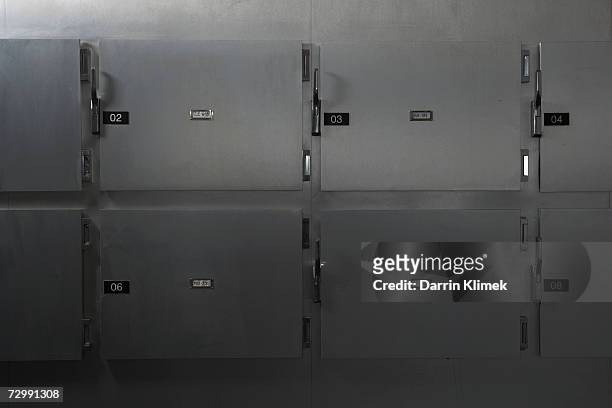 morgue in hospital, close-up of doors - morgue photos et images de collection