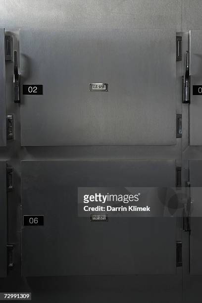 morgue in hospital, close-up of doors - morgue stock pictures, royalty-free photos & images